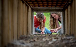 Nicole Bergen and Natalie Sherwood kneel outside of tunnel examining soil.