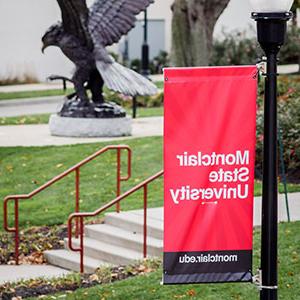 Montclair State University's banner on lightpole, with Red Hawk Statue in background.