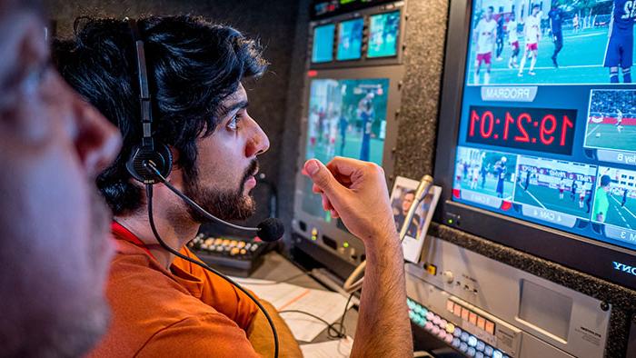 Christo Apostolou ’17 directs the Red Bulls II soccer broadcast from inside a mobile studio truck.