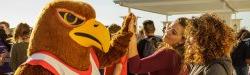 students giving MSU mascot Rocky a high five at a CHSS event
