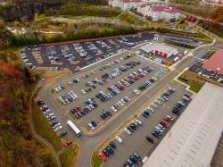 Aerial of parking lot on campus