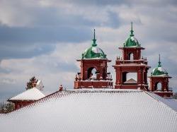 photo of towers atop a snow-covered building on Montclair campus
