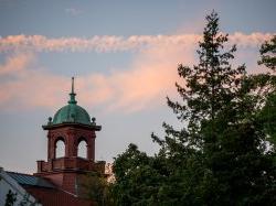 学院大厅的钟楼，左边是一棵常青树，傍晚的天空略带粉红色，有云