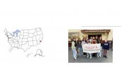 A photo of smiling students standing outside the LA Farmers Market holding a banner and a map of the United States.