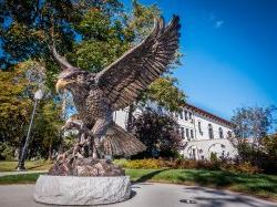 学院礼堂外的鹰雕像的正面照片.