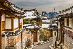 Seoul, South Korea at the Bukchon Hanok historic district, in the snow.