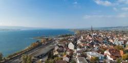 Aerial view from a drone over the city of Radolfzell and Lake Constance on a sunny day in fall