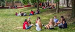 迎新期间，一小群学生坐在校园绿地上.